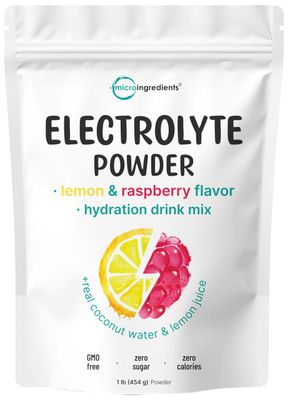 Micro Ingredients Hydration Electrolyte Powder, 1lb (69 Servings), Keto &amp; No Sugar - High Potassium (1000mg) with Lemon Raspberry Flavored - Made with Real Lemon Juice &amp; Coconut Water - Non-GMO