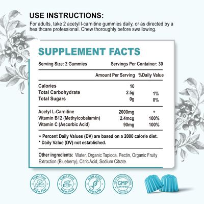 Zetelixia 2 Pack Acetyl L-Carnitine Gummies 2000mg, L-Carnitine Supplement with Vitamin C &amp; B12, ALCAR for Energy, Brain &amp; Mood Support, Fatty Acid Metabolism, Vegan, Non-GMO, Sugar Free, 120 Count