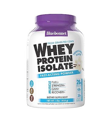 BlueBonnet Nutrition Whey Protein Isolate Powder From Grass Fed Cows, 26g of Protein, No Sugar Added, Gluten &amp; Soy free, kosher Dairy, 2 Lbs, 28 Servings, French Vanilla Flavor