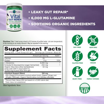 Vital Planet - Vital Gut Renew Powder Supplement for Leaky Gut Repair with L-Glutamine, Marshmallow and Ginger Root, DGL Licorice Root and Organic Aloe Vera, L Glutamine 6000mg 13.76 oz