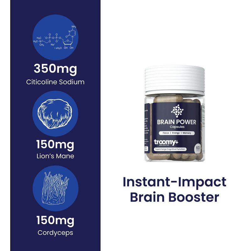 Troomy Brain Power - Focus and Memory Supplement for Brain | Citicoline, Lion's Mane, Cordyceps | Enhance Brain Function and Memory | - 60 Capsules