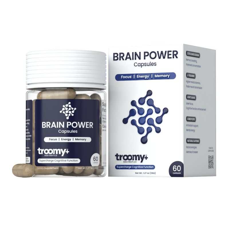 Troomy Brain Power - Focus and Memory Supplement for Brain | Citicoline, Lion&#39;s Mane, Cordyceps | Enhance Brain Function and Memory | - 60 Capsules