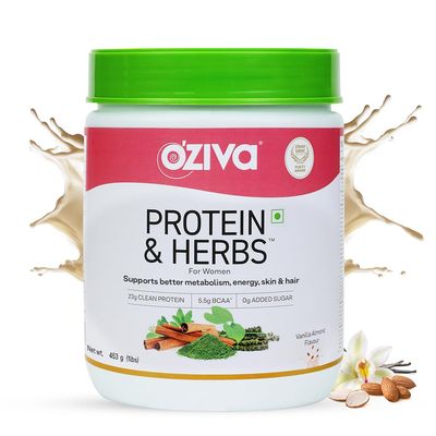 OZIVA Protein &amp; Herbs for Women | 1.1 Lbs (500 gm) with Multivitamins, Curcumin, Shatavari, Tulsi for Improved Metabolism, Hormonal Balance &amp; Skin, Hair Health, Vanilla Almond (1.1 lb)