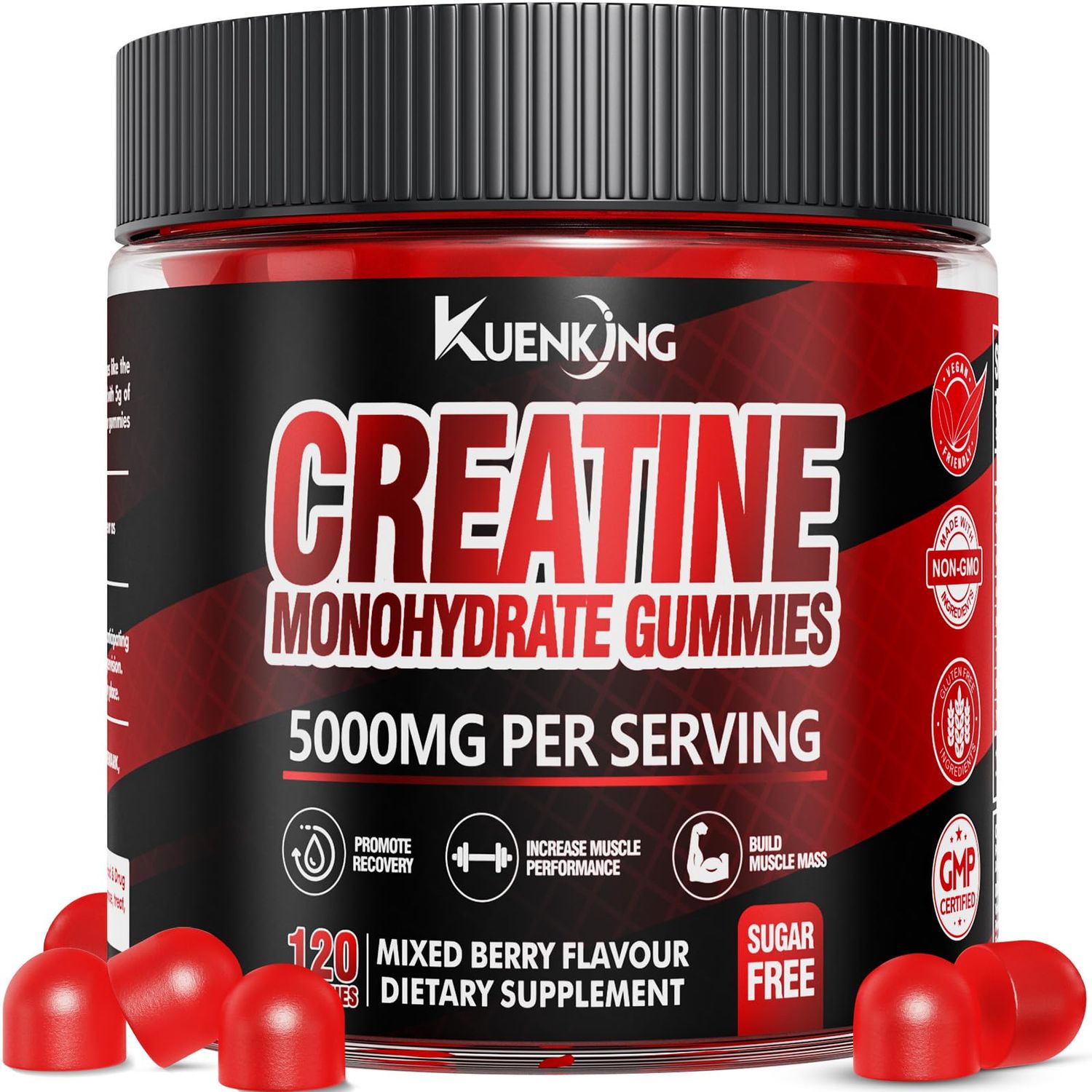 KuenKing Creatine Monohydrate Gummies for Men &amp; Women - 5g Creatine per Gummy, Supports Protein Synthesis, Recovery &amp; Workout Performance, Vegan, Anti-Melting Formula, Mixed Berry Flavor, 120 ct