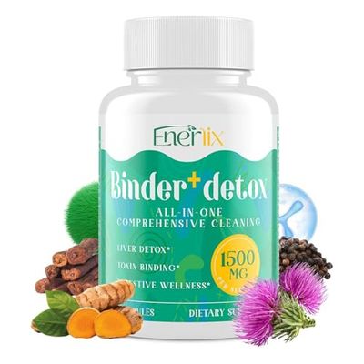 Enerlix 15-in-1 Detox Binder, Activated Charcoal, Zeolite &amp; Bentonite Clay, Chlorella, 1500 MG Supplement Maximum Absorbent, Liver Gut Digestive Toxin Detox Cleanse, 90 Vegan Capsules