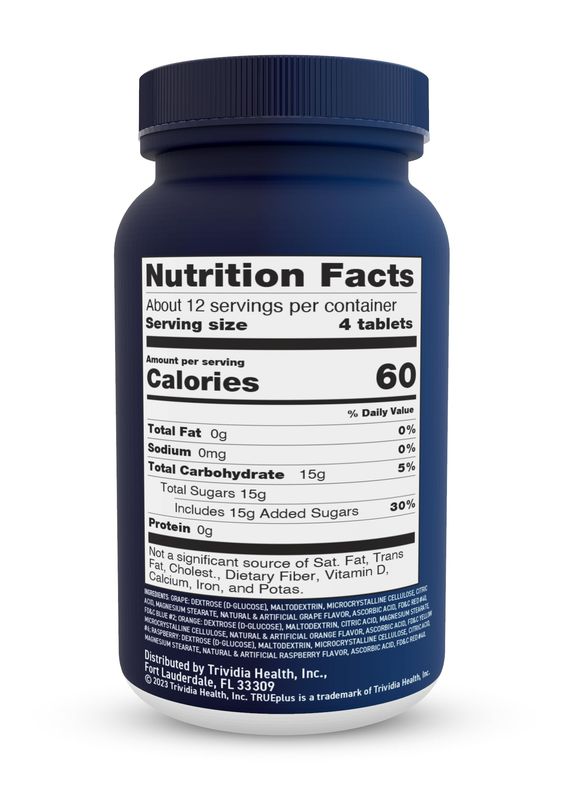 TRUEplus Glucose Tablets, Assorted Flavor (Grape, Raspberry, Orange) - 50ct Bottle (1)
