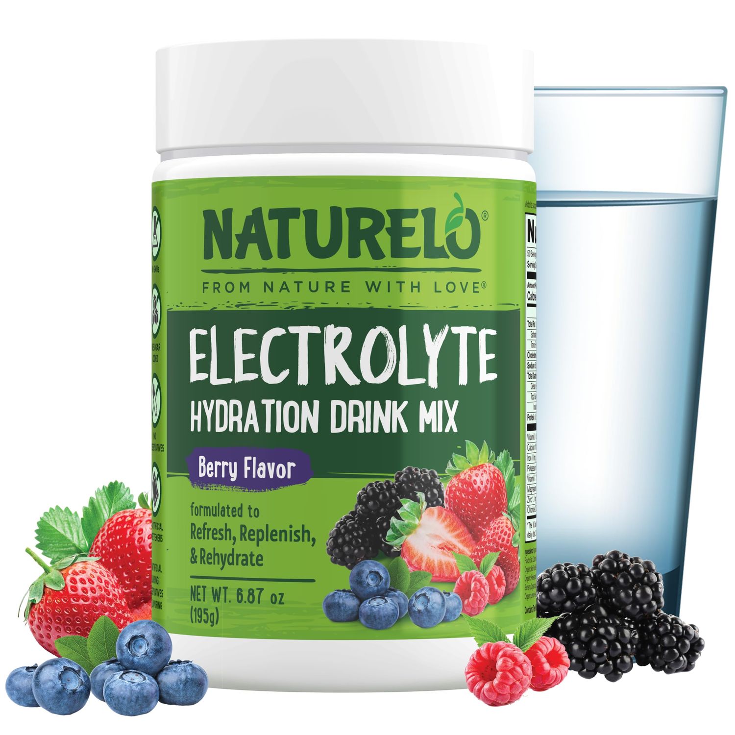 NATURELO Electrolyte Powder, Hydration and Mineral Drink Mix, Sugar Free &amp; Non-GMO Berry Flavor 50 Servings
