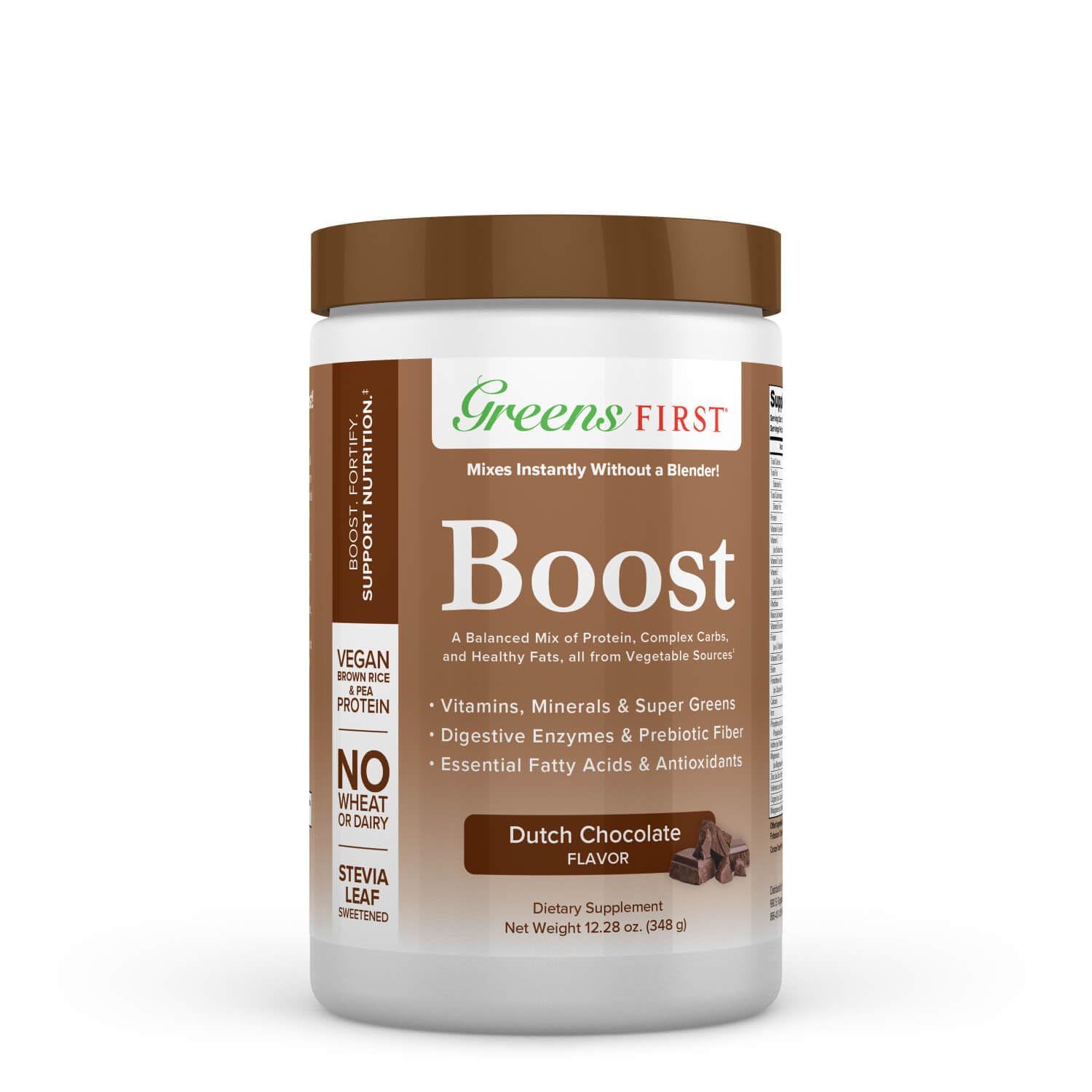 Greens First Boost - Plant-Based Protein &amp; Balanced Nutrition - Superfood Shake Mix - No Wheat or Soy - Dairy-Free - Vegan - Dutch Chocolate, 12.28 oz.