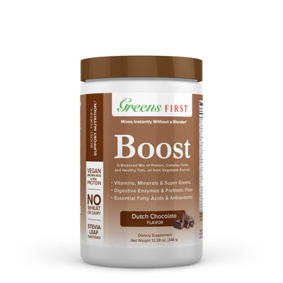 Greens First Boost - Plant-Based Protein &amp; Balanced Nutrition - Superfood Shake Mix - No Wheat or Soy - Dairy-Free - Vegan - Dutch Chocolate, 12.28 oz.