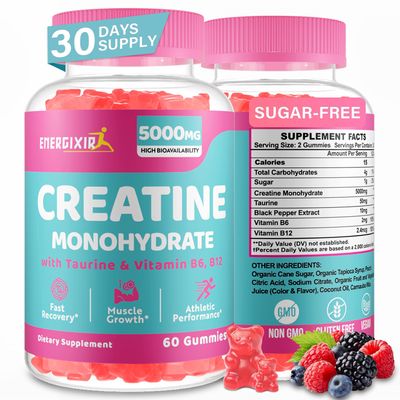 Creatine Monohydrate Gummies, Creatine for Women, Creatine Pre Workout Chewables Supplement 5000mg with Taurine &amp; B6 - for Muscle, Recovery, Strength, Energy &amp; Endurance and Performance - 60 Count