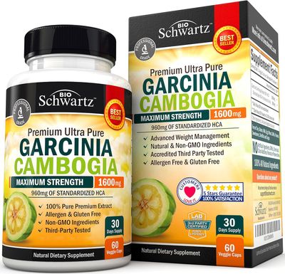 Garcinia Cambogia Weight Loss Pills - Maximum Strength Appetite Suppressant &amp; Fat Burner for Men &amp; Women - 1600mg Natural Extract &amp; 960mg HCA - Metabolism Booster &amp; Carb Blocker Capsules - 60Ct