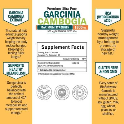 Garcinia Cambogia Weight Loss Pills - Maximum Strength Appetite Suppressant &amp; Fat Burner for Men &amp; Women - 1600mg Natural Extract &amp; 960mg HCA - Metabolism Booster &amp; Carb Blocker Capsules - 60Ct