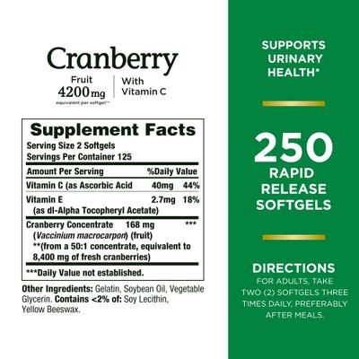 Nature's Bounty Cranberry 4200mg With Vitamin C, Urinary Health &amp; Immune Support, Cranberry Concentrate, 250 Rapid Release Softgels