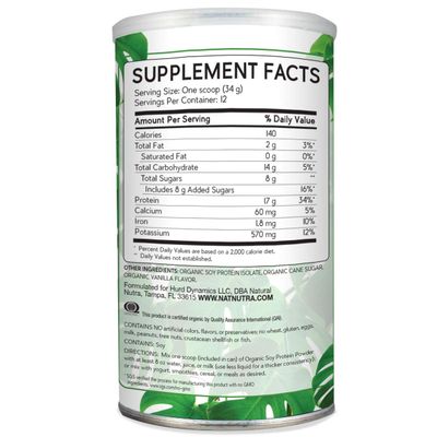 Natural Nutra Organic Vegan Plant Based Soy Protein Source Powder, Supports Bone and Improves Cardiovascular Health, Gluten Free, Non GMO, Sugar-Free 14.4 OZ.