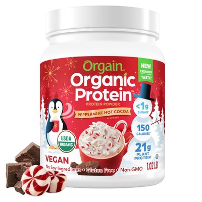 Orgain Organic Vegan Protein Powder, Peppermint Hot Cocoa Holiday Flavor - 21g of Plant Protein, 5g Prebiotic Fiber, No Lactose Ingredients, Non-GMO, Shakes &amp; Smoothies, 1.02 lb (Packaging May Vary)