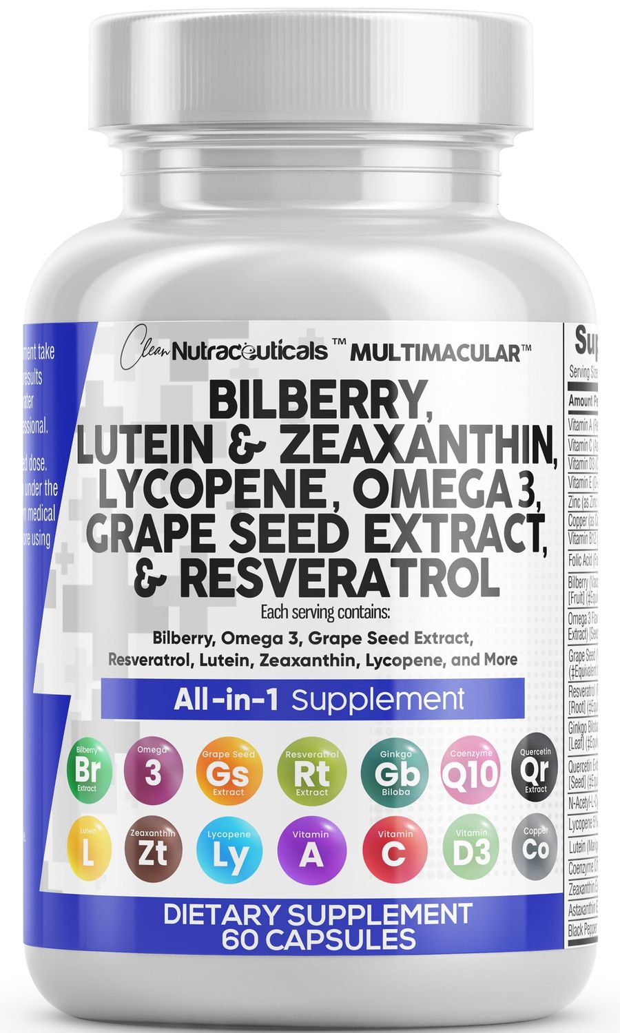 Clean Nutraceuticals Eye Health Vitamins with Bilberry Lutein &amp; Zeaxanthin 40mg Lycopene 40mg Resveratrol Grape Seed Extract Omega 3 Astaxanthin - Eye Vitamin - 60 Capsules