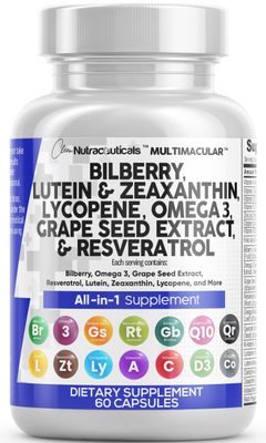 Clean Nutraceuticals Eye Health Vitamins with Bilberry Lutein &amp; Zeaxanthin 40mg Lycopene 40mg Resveratrol Grape Seed Extract Omega 3 Astaxanthin - Eye Vitamin - 60 Capsules