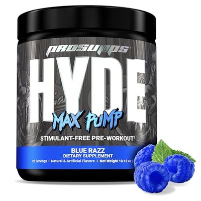 PROSUPPS Hyde Max Pump Pre Workout for Men and Women - Nitric Oxide Supplement for Pump and Endurance - Stimulant Free Pre Workout to Promote Blood Flow and Muscle Strength (Blue Razz, 20 Servings)