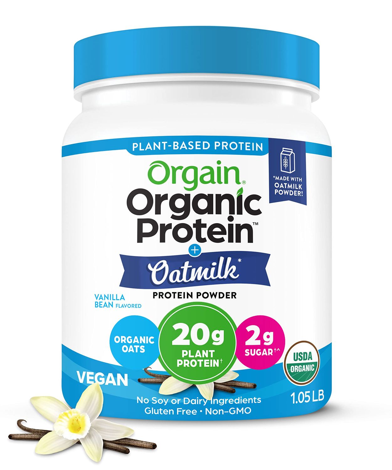 Orgain Organic Vegan Protein Powder + Oat Milk, Vanilla Bean - 20g Plant Based Protein, Gluten Free, No Dairy, Soy or Lactose Ingredients, Low Sugar, Non-GMO, Kosher, For Shakes &amp; Smoothies - 1.05lb