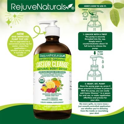 RejuveNaturals Castor Cleanse - USDA Organic Castor Oil, Chlorella, Spirulina, Roots & Greens for Wellness, Digestive Support, Daily Balance. 3-Month Supply Gut Cleanse Detox for Women & Men - 16oz.