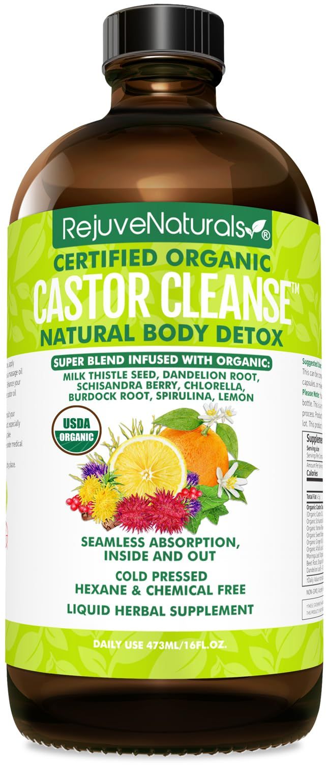 RejuveNaturals Castor Cleanse - USDA Organic Castor Oil, Chlorella, Spirulina, Roots &amp; Greens for Wellness, Digestive Support, Daily Balance. 3-Month Supply Gut Cleanse Detox for Women &amp; Men - 16oz.