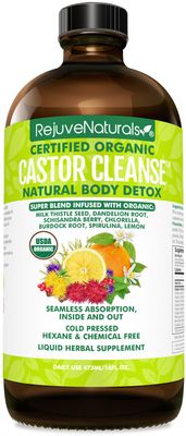 RejuveNaturals Castor Cleanse - USDA Organic Castor Oil, Chlorella, Spirulina, Roots &amp; Greens for Wellness, Digestive Support, Daily Balance. 3-Month Supply Gut Cleanse Detox for Women &amp; Men - 16oz.