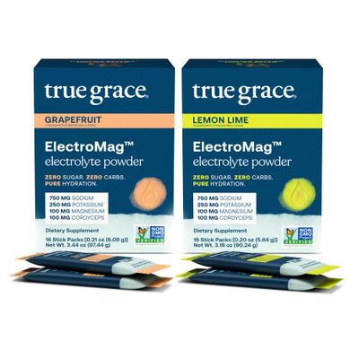 True Grace ElectroMag - Grapefruit (16 Stick Packs) + Lemon Lime (16 Stick Packs) - Electrolyte Powder for Rapid Hydration - Zero Sugar &amp; Carbs - Non-GMO - 32 Total Servings