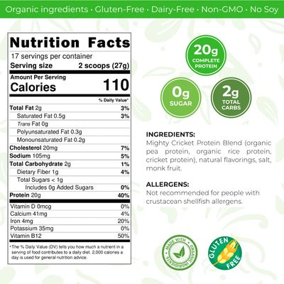 Mighty Cricket Protein Powder. 20g Clean Prebiotic Cricket Protein. No Sugar, Low Carbs, Gluten & Dairy Free. Keto & Paleo, 100% Natural Ingredients. Vanilla, 1 lb (Pack of 1)