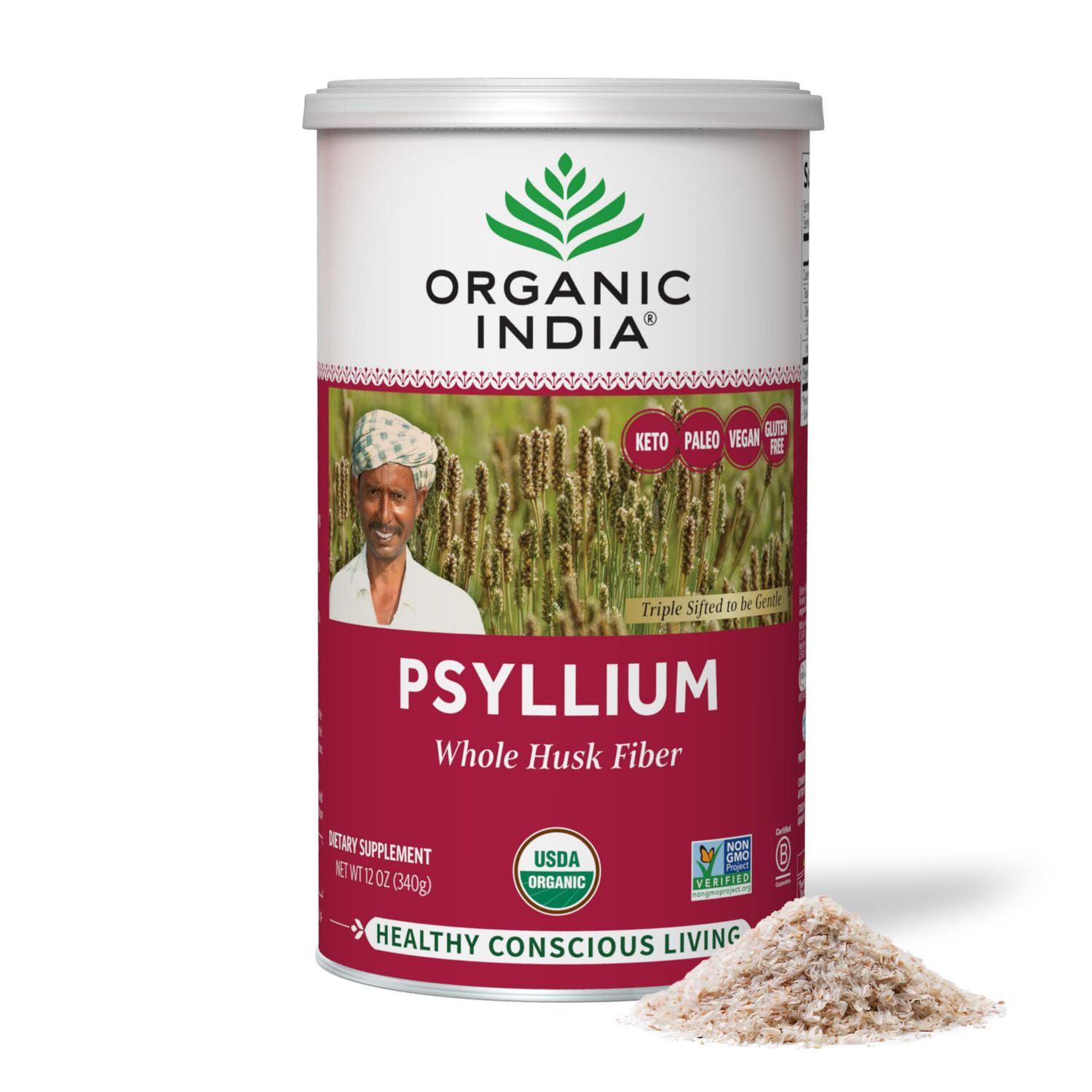 ORGANIC INDIA Whole Psyllium Husk Powder Organic - Psyllium Husk Fiber Supplement, Digestion Support, Vegan, Gluten-Free, Non-GMO, Soluble &amp; Insoluble Fiber Source - 12 oz (Pack of 1)