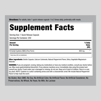 Piping Rock N-Acetyl Cysteine Supplement | 600mg | 250 Capsules | NAC | Free Form | Non-GMO, Gluten Free Supplement