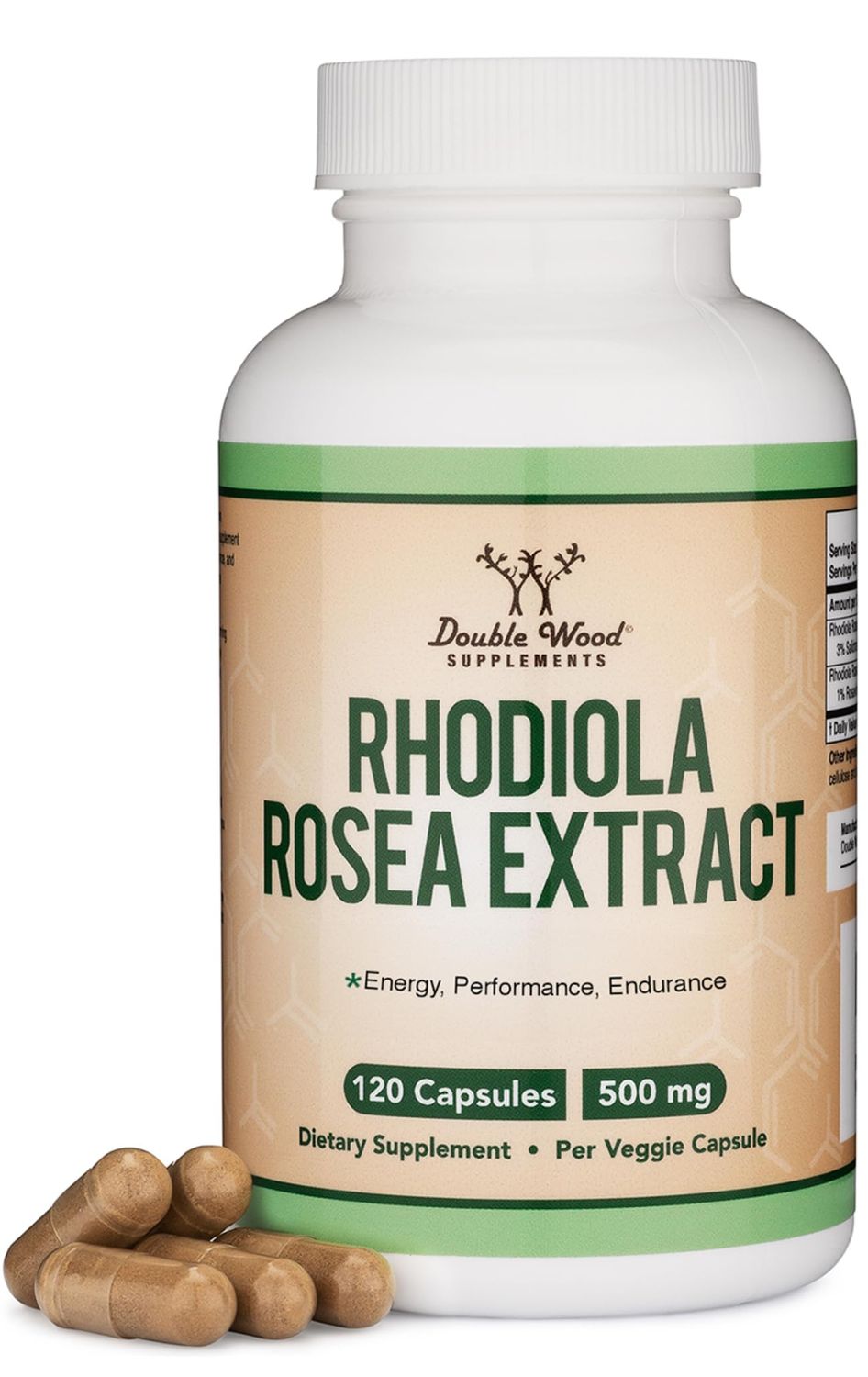 Rhodiola Rosea Supplement 500mg, 120 Vegan Capsules (Third Party Test, Gluten Free, 3% Salidrosides, 1% Rosavins Extract) for Performance, Calming, Motivation by Double Wood