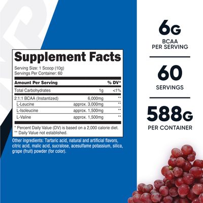 Nutricost BCAA Powder (Grape, 60 Servings) - Optimal 2:1:1 Ratio, Vegetarian Friendly, Non-GMO, Gluten Free