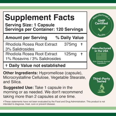 Rhodiola Rosea Supplement 500mg, 120 Vegan Capsules (Third Party Test, Gluten Free, 3% Salidrosides, 1% Rosavins Extract) for Performance, Calming, Motivation by Double Wood