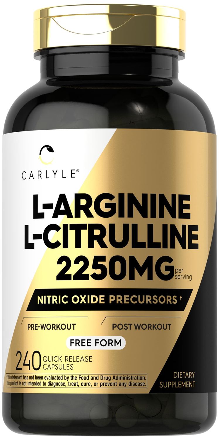 Carlyle L-Arginine L-Citrulline Supplement | 2250mg | 240 Capsules | Nitric Oxide Precursors | Free Form | Non-GMO &amp; Gluten Free