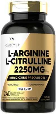 Carlyle L-Arginine L-Citrulline Supplement | 2250mg | 240 Capsules | Nitric Oxide Precursors | Free Form | Non-GMO &amp; Gluten Free