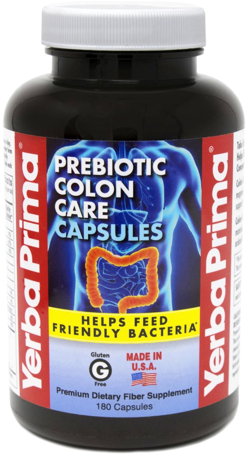 Yerba Prima Prebiotics Colon Care Fiber Caps, 180 Capsules - Five Forms of Fiber Plus FOS Pre-biotics - Dietary Health Supplement - Healthy Soluble &amp; Insoluble Fibers for Regularity
