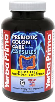 Yerba Prima Prebiotics Colon Care Fiber Caps, 180 Capsules - Five Forms of Fiber Plus FOS Pre-biotics - Dietary Health Supplement - Healthy Soluble &amp; Insoluble Fibers for Regularity