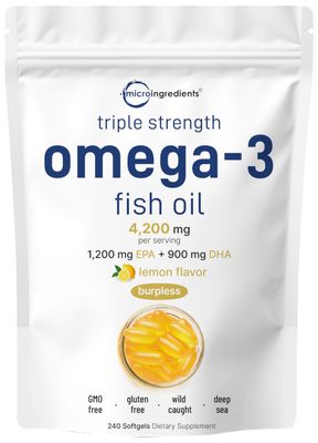 Micro Ingredients Triple Strength Omega 3 Fish Oil Supplements 4200mg Per Serving, 240 Softgels - Lemon Flavored - Burpless | EPA 1200mg + DHA 900mg | Deep Sea Fish.