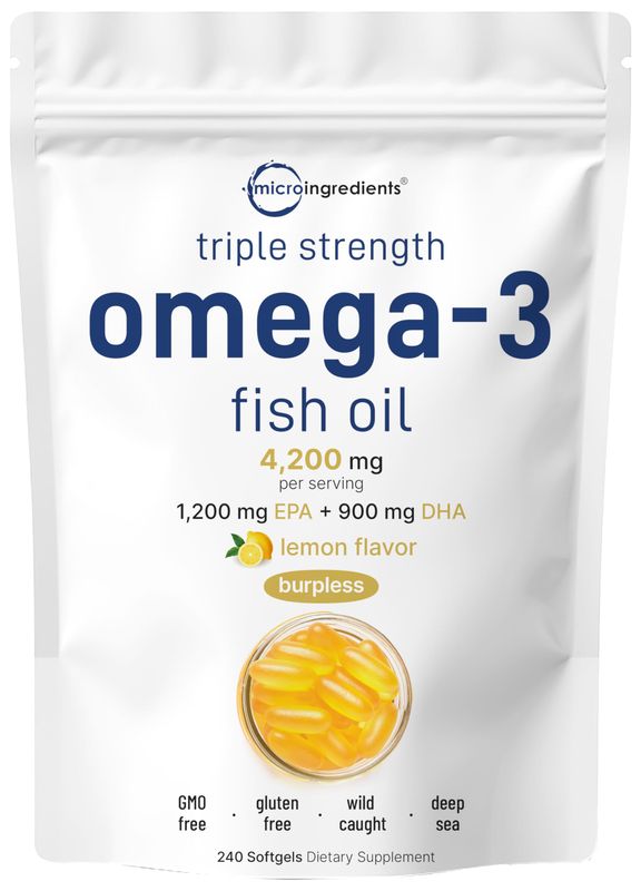 Micro Ingredients Triple Strength Omega 3 Fish Oil Supplements 4200mg Per Serving, 240 Softgels - Lemon Flavored - Burpless | EPA 1200mg + DHA 900mg | Deep Sea Fish.
