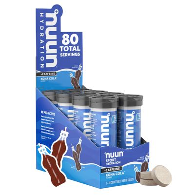 Nuun Sport + Caffeine Electrolyte Tablets - Dissolvable in Water, Kona Cola Flavor, 5 Essential Electrolytes for Hydration, 1g Sugar Drink Mix, Vegan, Non-GMO, 8 Pack (80 Total Servings)