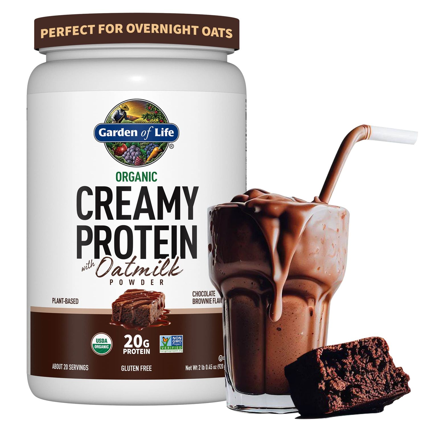 Garden of Life Creamy Organic Vegan Protein Powder + OatMilk, 20g Complete Plant Based Protein, Coconut Water, MCTs, Sprouted Grains, Prebiotics, Probiotics - Gluten-Free, Chocolate Brownie, 2 LBS