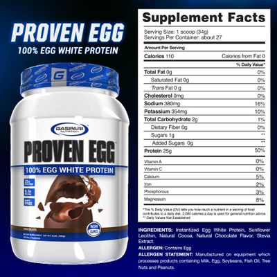 Gaspari Nutrition Proven Egg, 100% Egg White Protein, 25g Protein, Keto Friendly, Dairy Free, Lactose Free, Soy Free (2 lbs, Chocolate)