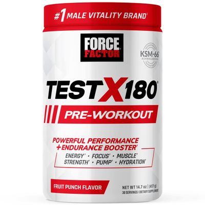 FORCE FACTOR Test X180 Pre-Workout Powder &amp; Energy Supplement, Boost Focus &amp; Endurance, Build Muscle &amp; Strength, Nitric Oxide Supplement with Ashwagandaha &amp; L-Citrulline, Fruit Punch, 30 Servings