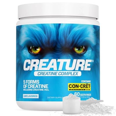CREATURE Creatine Complex - Creatine Monohydrate Powder with 5 Types of Creatine Including Con-Crt Creatine HCL, Promotes Muscle, Strength, Endurance, Brain Health, Unflavored, 300g 60 Servings