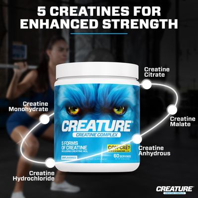 CREATURE Creatine Complex - Creatine Monohydrate Powder with 5 Types of Creatine Including Con-Crt Creatine HCL, Promotes Muscle, Strength, Endurance, Brain Health, Unflavored, 300g 60 Servings