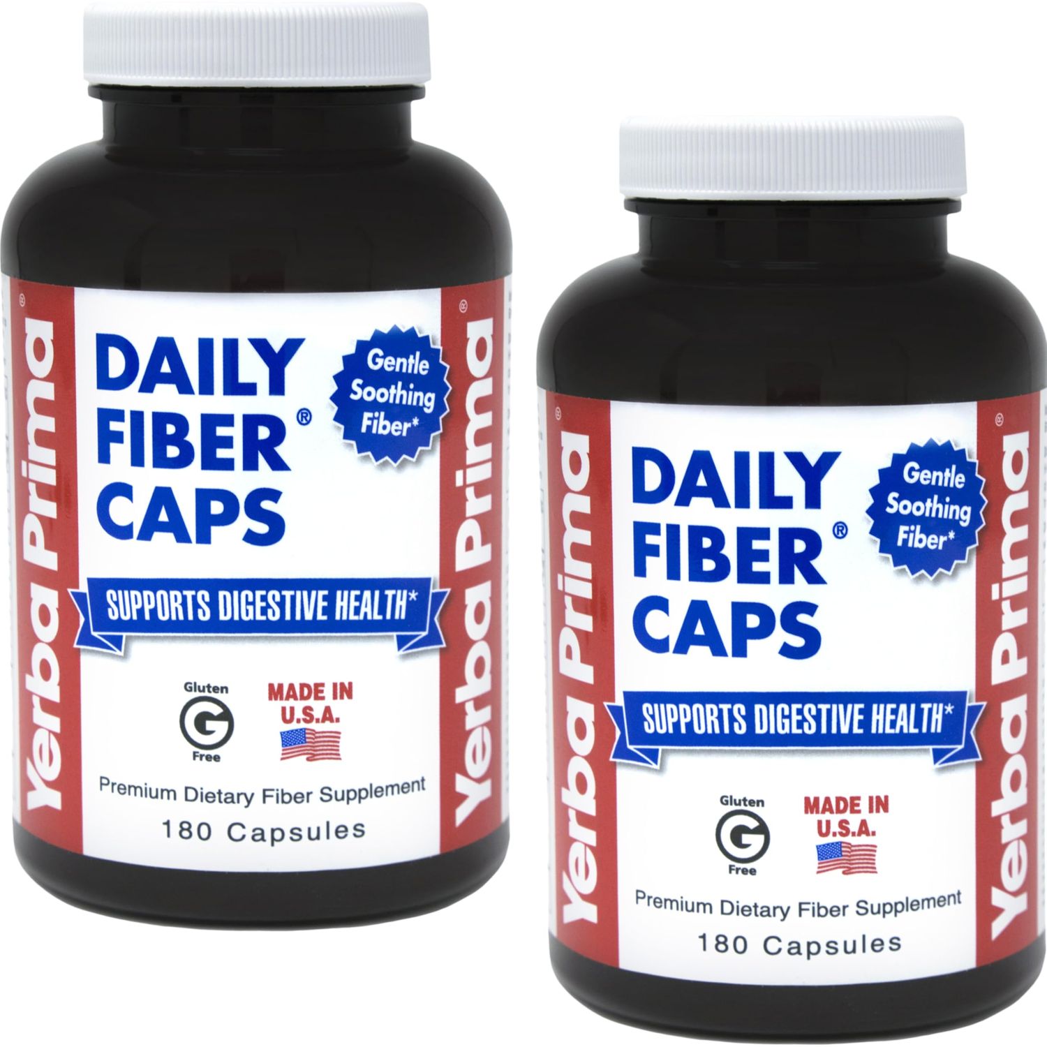 Yerba Prima Daily Fiber Formula - 180 caps (Pack of 2) - Soluble &amp; Insoluble Dietary Fiber Supplement - Colon Cleanse - Gut Health - Vegan, Non-GMO, Gluten-Free