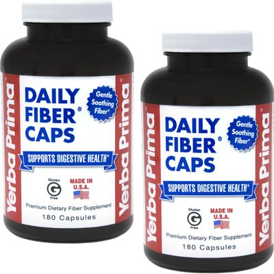 Yerba Prima Daily Fiber Formula - 180 caps (Pack of 2) - Soluble &amp; Insoluble Dietary Fiber Supplement - Colon Cleanse - Gut Health - Vegan, Non-GMO, Gluten-Free