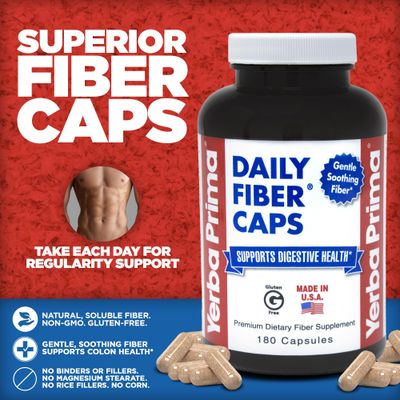 Yerba Prima Daily Fiber Formula - 180 caps (Pack of 2) - Soluble &amp; Insoluble Dietary Fiber Supplement - Colon Cleanse - Gut Health - Vegan, Non-GMO, Gluten-Free