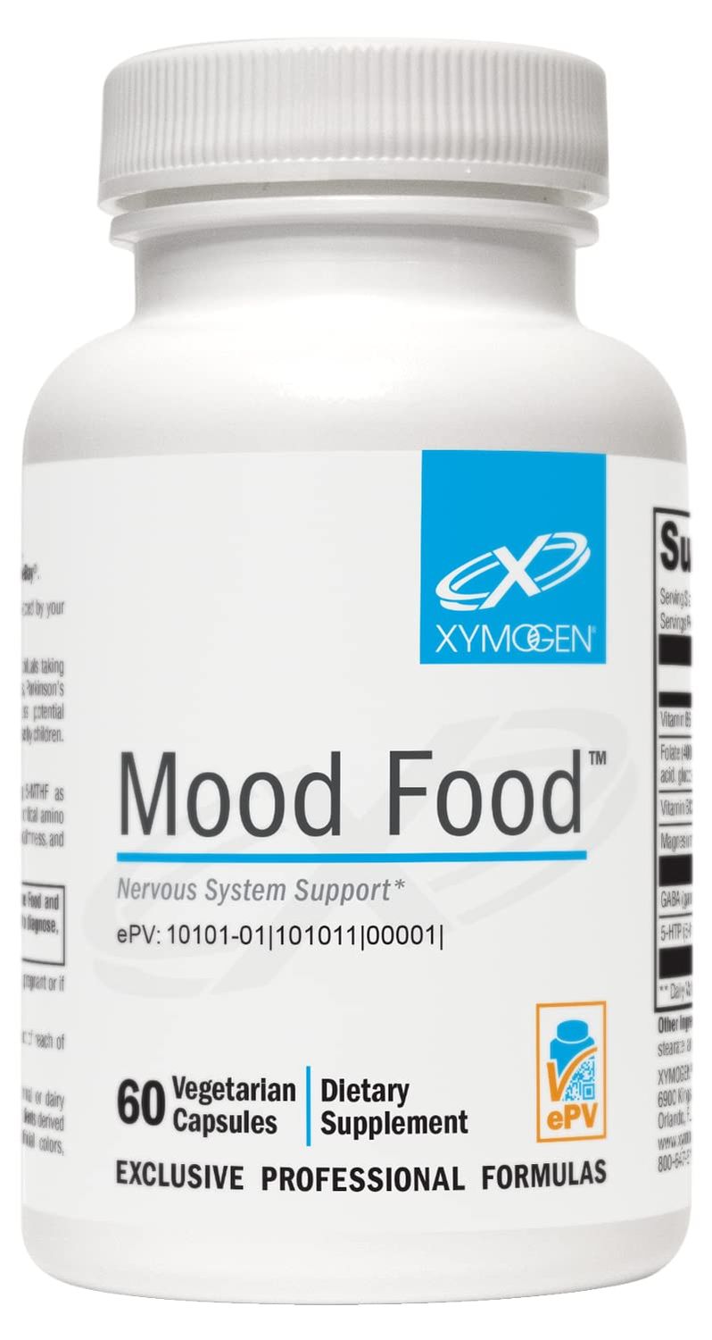 XYMOGEN Mood Food - Nervous System, Relaxation &amp; Mood Support Supplement - Folate, B12, B6 with Magnesium, 5-HTP &amp; GABA Supplement - Vegan &amp; Non-GMO (60 Capsules)