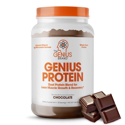 Genius Protein Powder, Chocolate - Dual Protein Blend with Improved Whey Isolate &amp; Natural Egg White for Lean Muscle Building for Men &amp; Women - Grass-Fed Pre &amp; Post Workout Meal Replacement Shake